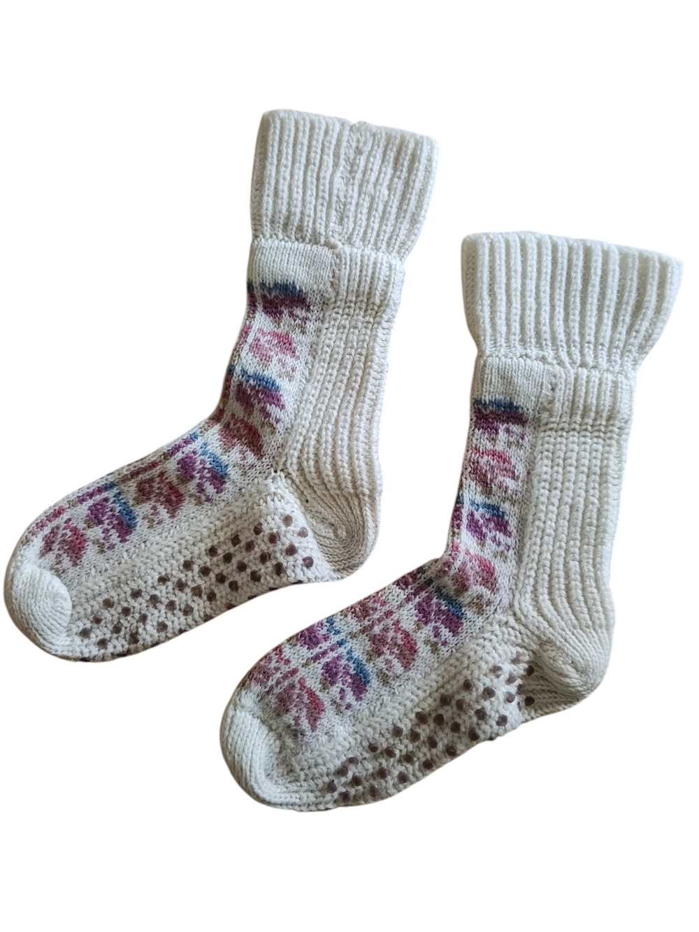 Vintage Hand Knit Wool Gripper Socks Folk Art Floral Cottagecore Cozy Loungewear